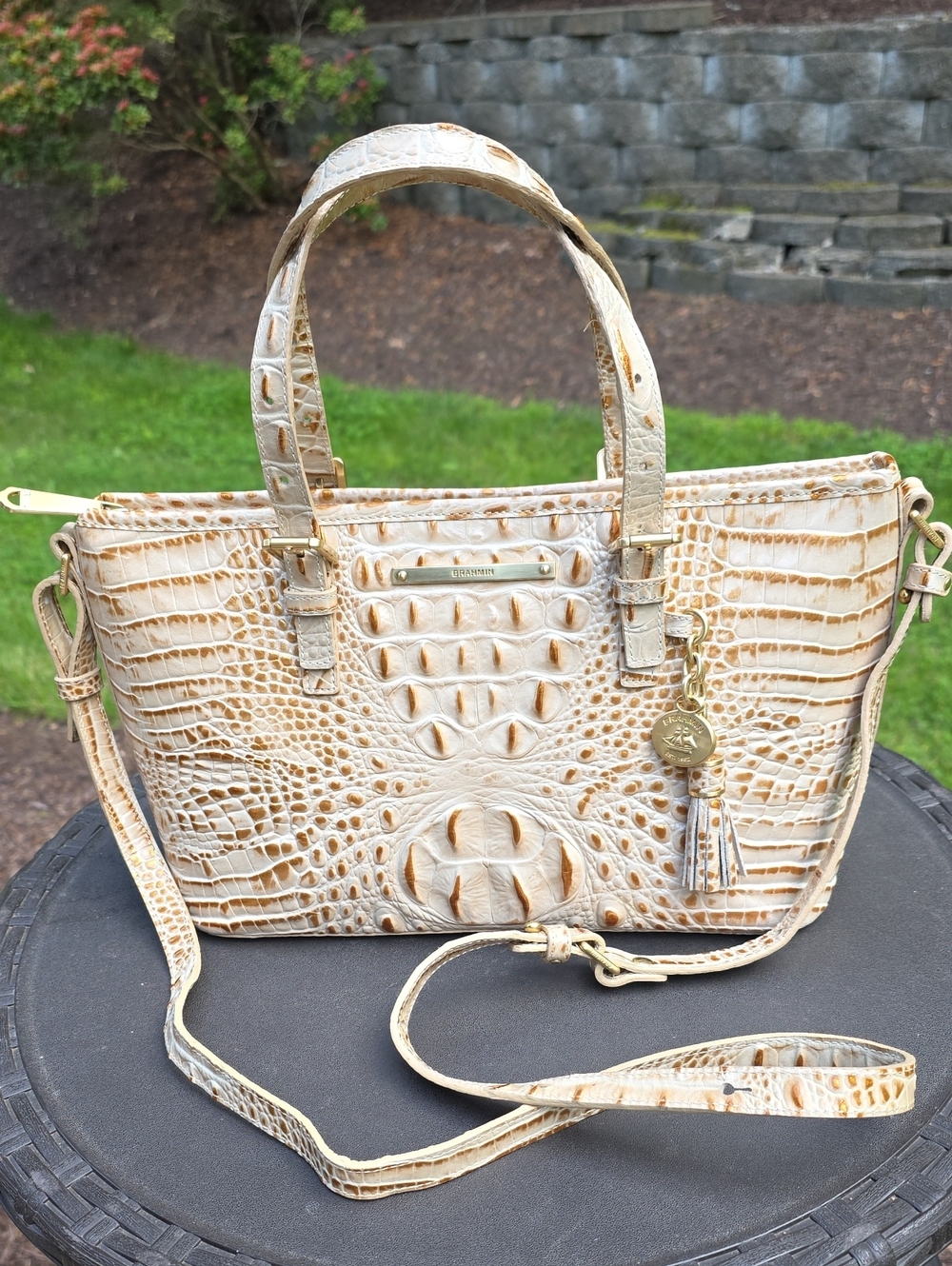 Brahmin Asher Cream Croc-Embossed Satchel with Gold Hardware